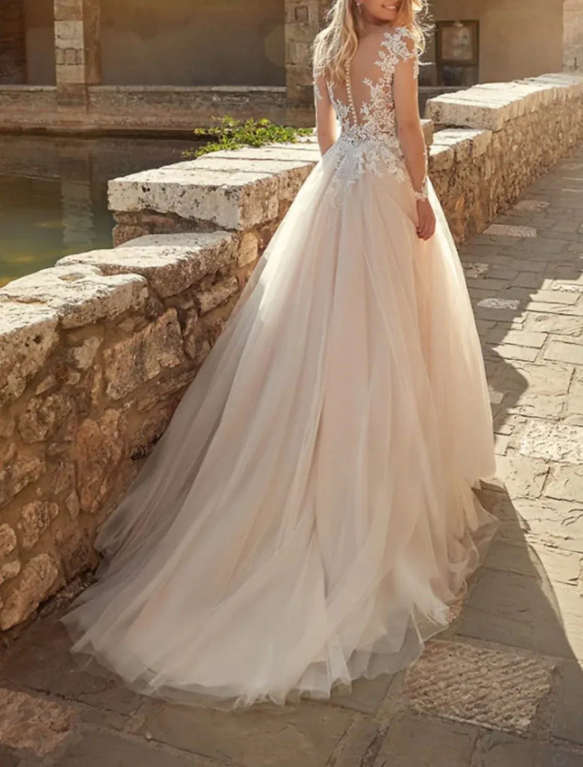 Champagne A-Line Illusion Neck Long Sleeve Floral Lace Pearl Button Tulle Wedding Dress