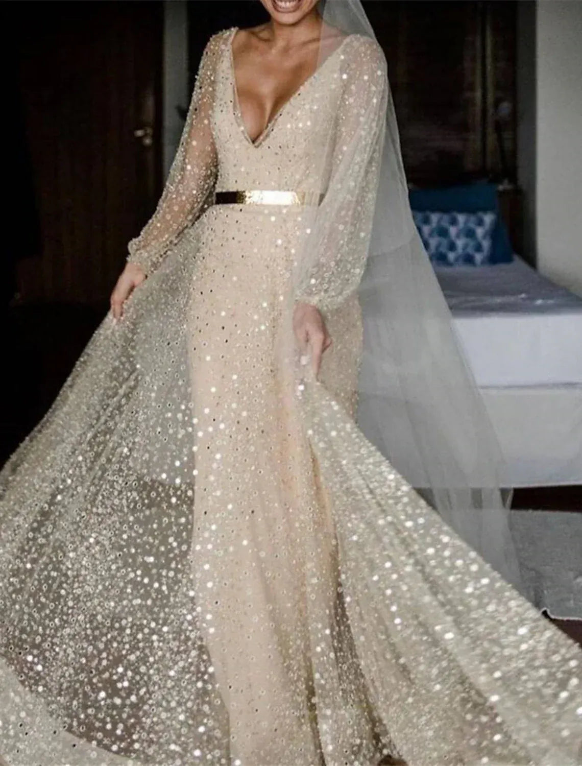 Champagne A-Line Long Puff Sleeve Deep V All Over Star Sequin Gold Sash Chapel Train Wedding Dress