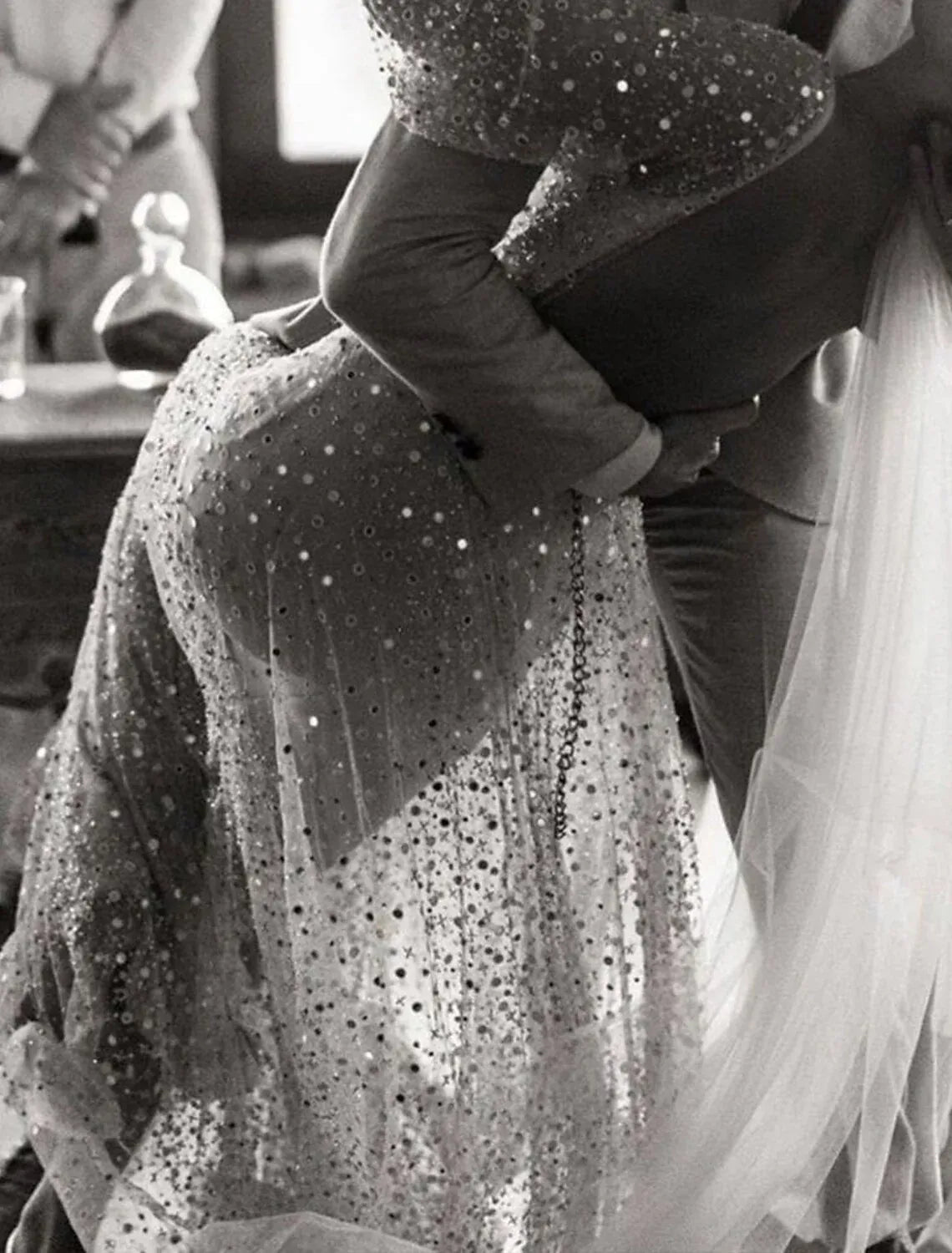 Champagne A-Line Long Puff Sleeve Deep V All Over Star Sequin Gold Sash Chapel Train Wedding Dress