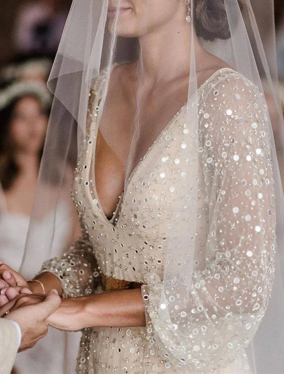 Champagne A-Line Long Puff Sleeve Deep V All Over Star Sequin Gold Sash Chapel Train Wedding Dress