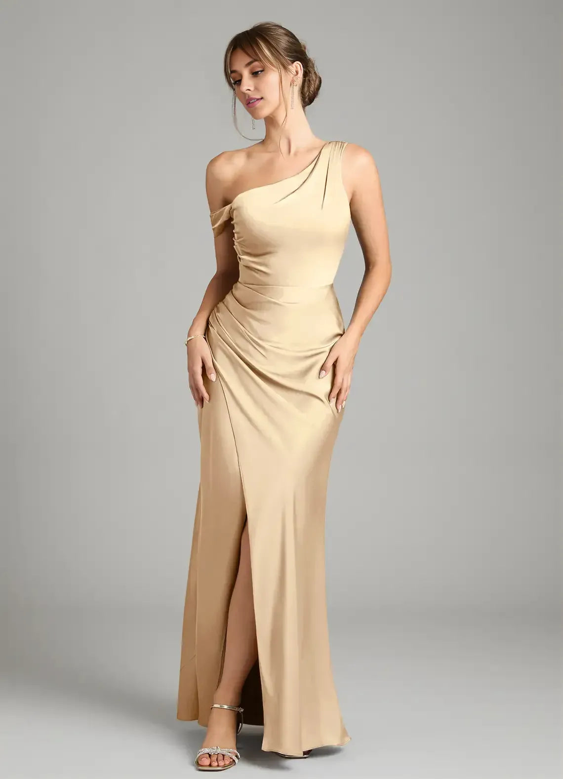 Champagne Asymmetrical One Shoulder Draped Back High Slit Floor Length Satin Bridesmaid Dress