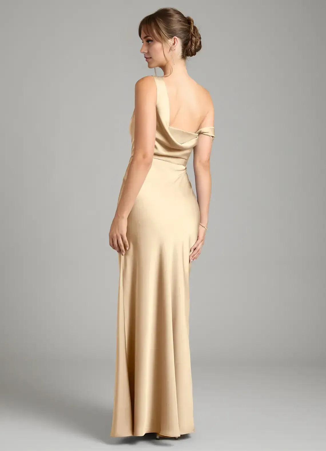 Champagne Asymmetrical One Shoulder Draped Back High Slit Floor Length Satin Bridesmaid Dress