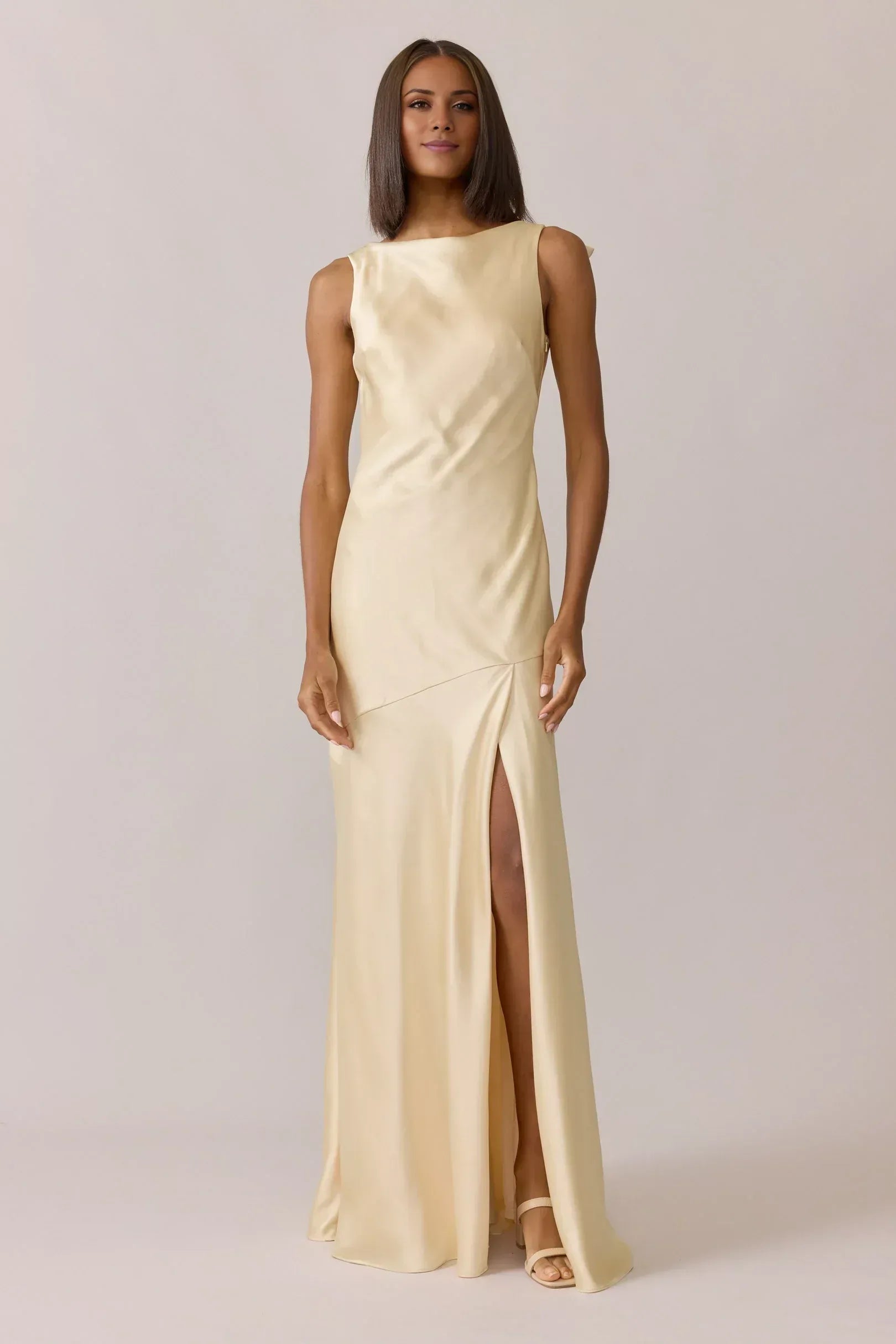 Champagne Boat Neck Tie Shoulder Low Back High Slit Floor Length Column Satin Bridesmaid Dress