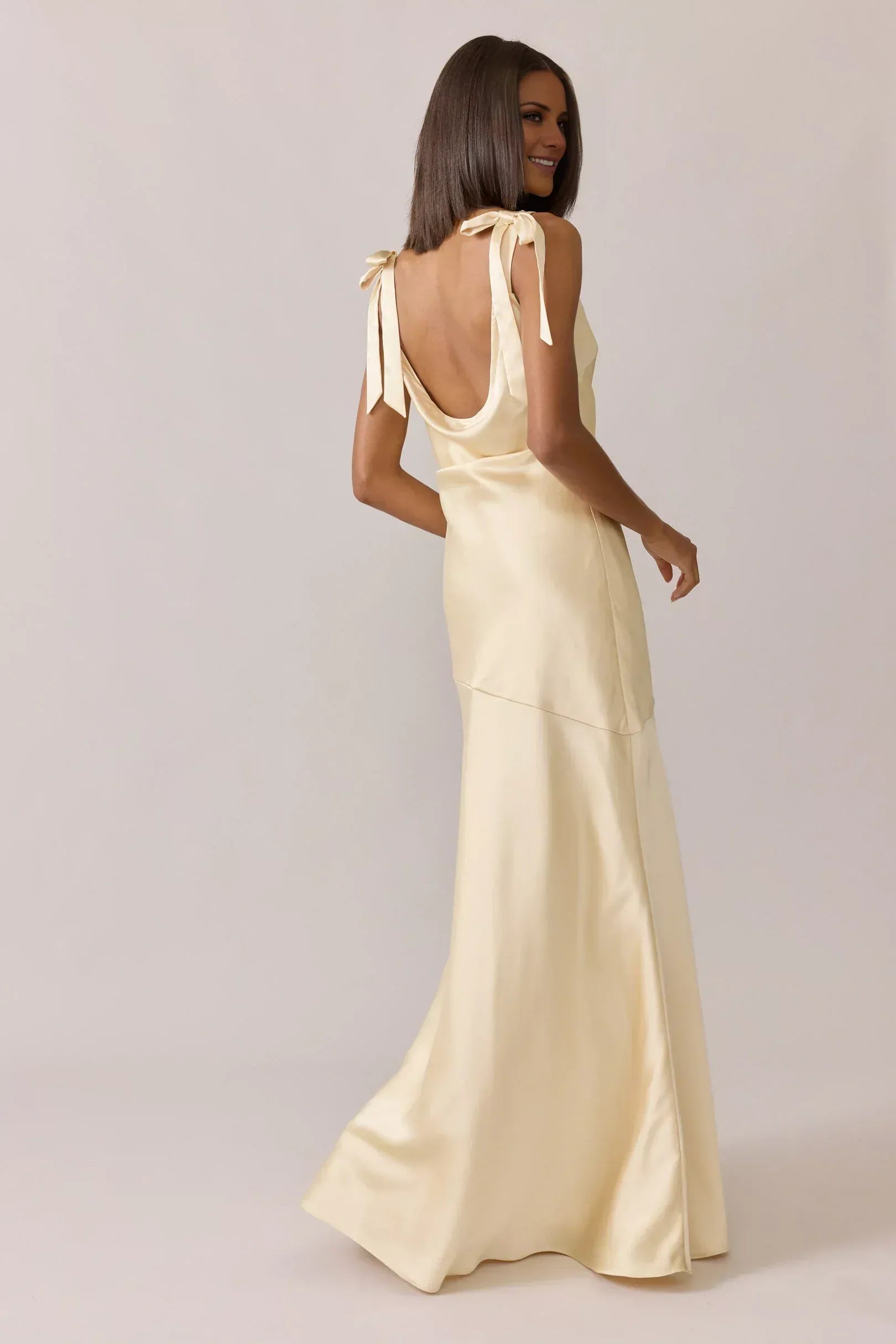 Champagne Boat Neck Tie Shoulder Low Back High Slit Floor Length Column Satin Bridesmaid Dress