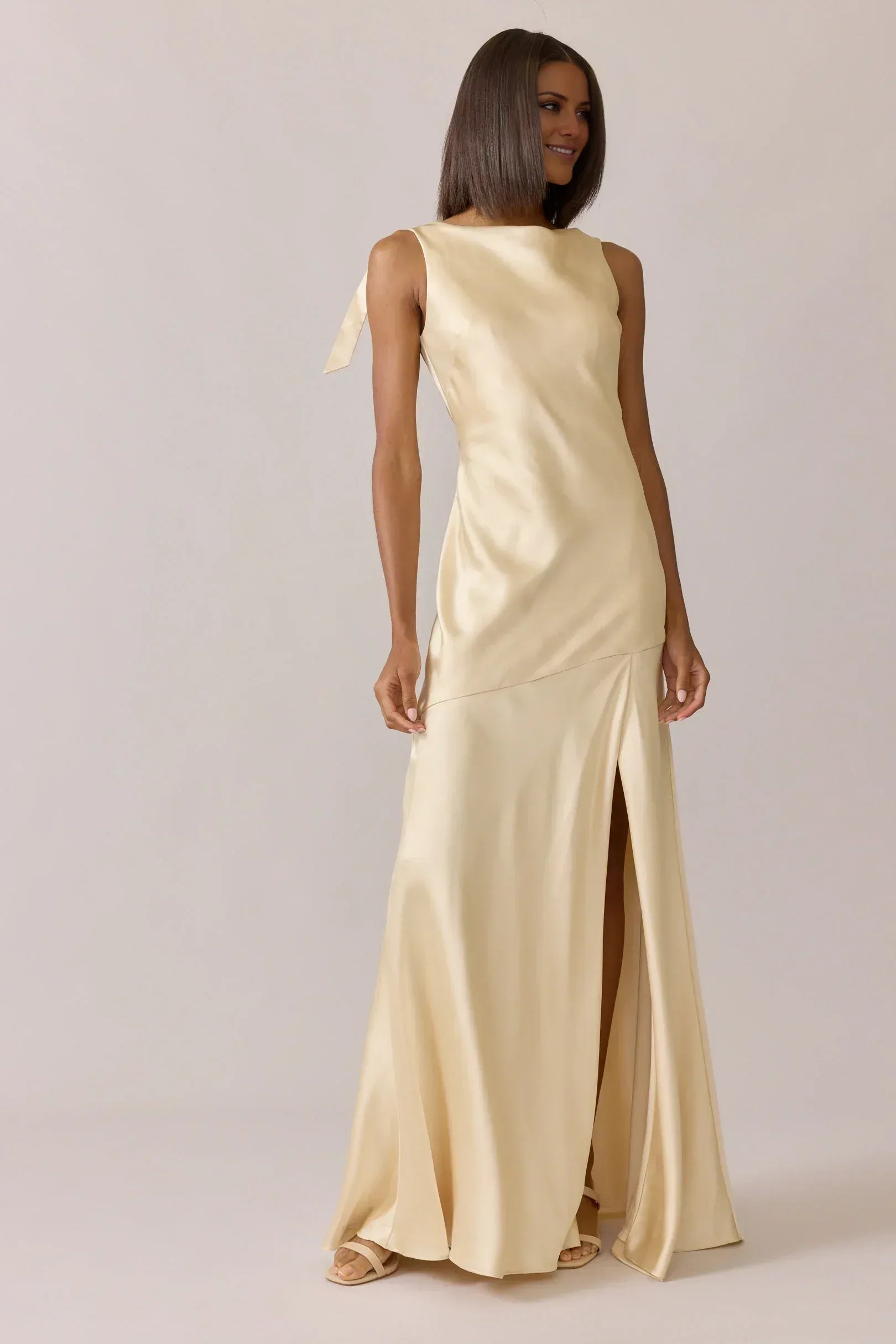 Champagne Boat Neck Tie Shoulder Low Back High Slit Floor Length Column Satin Bridesmaid Dress