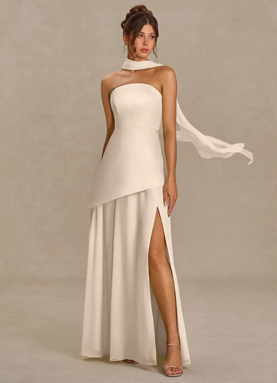 Champagne Convertible Strapless Chiffon Scarf Overlay High Slit Maxi Bridesmaid Dress