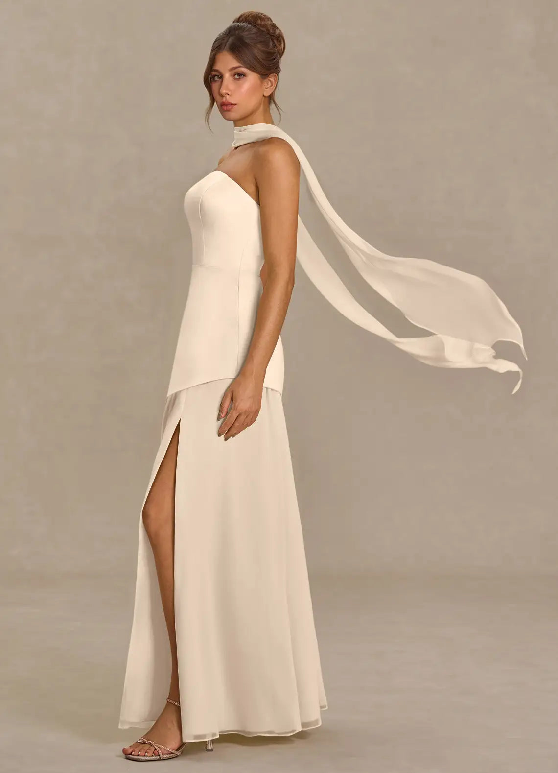 Champagne Convertible Strapless Chiffon Scarf Overlay High Slit Maxi Bridesmaid Dress