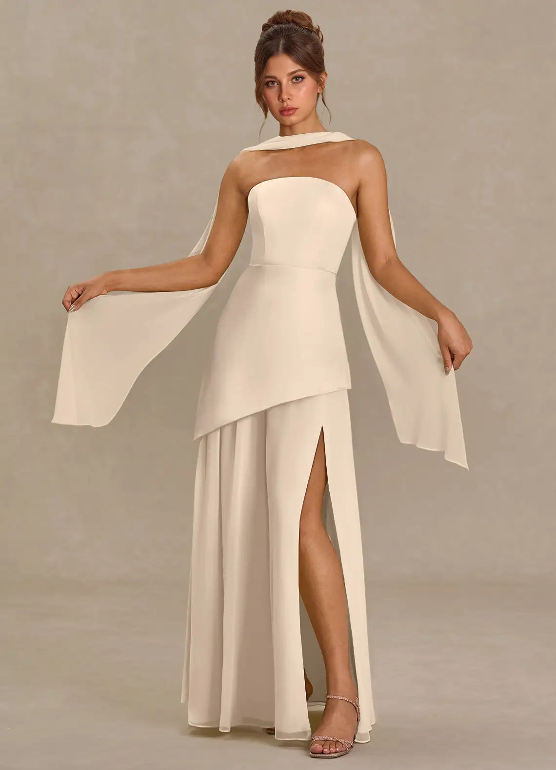 Champagne Convertible Strapless Chiffon Scarf Overlay High Slit Maxi Bridesmaid Dress