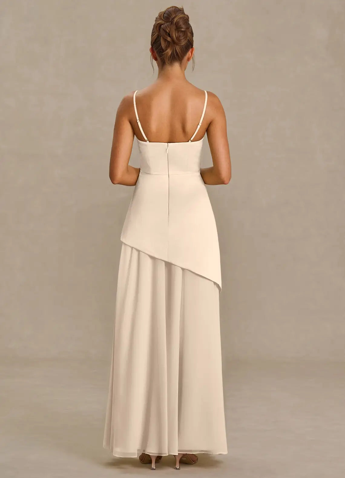 Champagne Convertible Strapless Chiffon Scarf Overlay High Slit Maxi Bridesmaid Dress