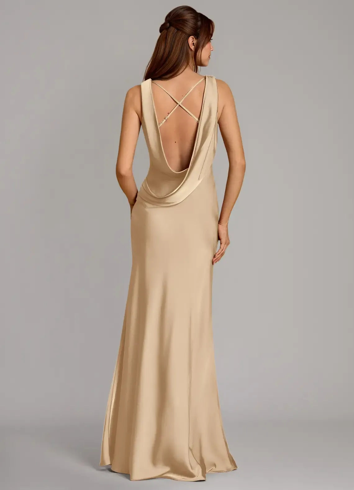 Champagne Cowl Spaghetti Strap Crisscross Back Floor Length Mermaid Satin Bridesmaid Dress