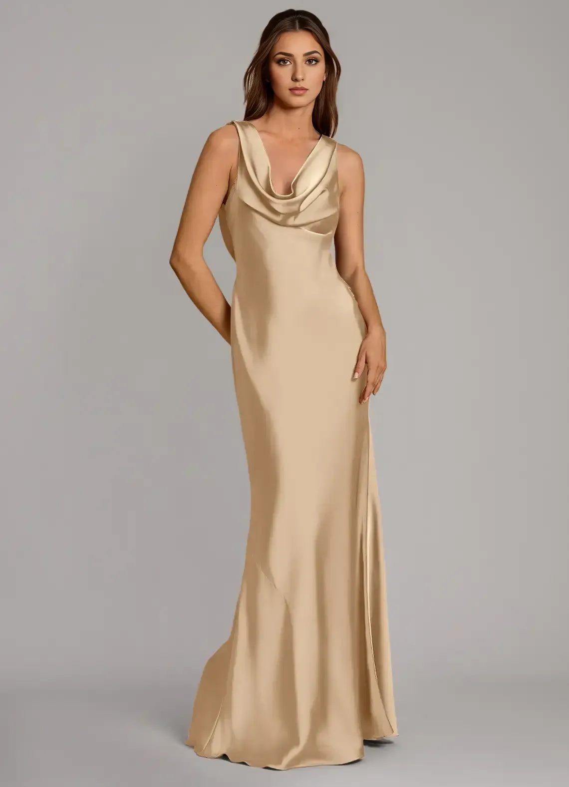 Champagne Cowl Spaghetti Strap Crisscross Back Floor Length Mermaid Satin Bridesmaid Dress