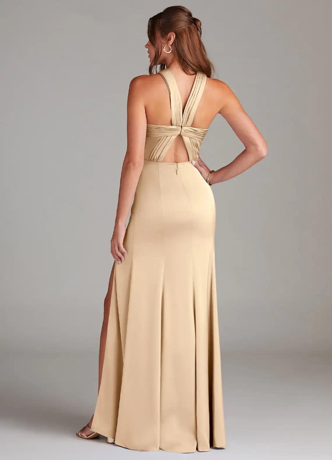 Champagne Cross Halter Open Back High Slit Mermaid Satin Maxi Bridesmaid Dress