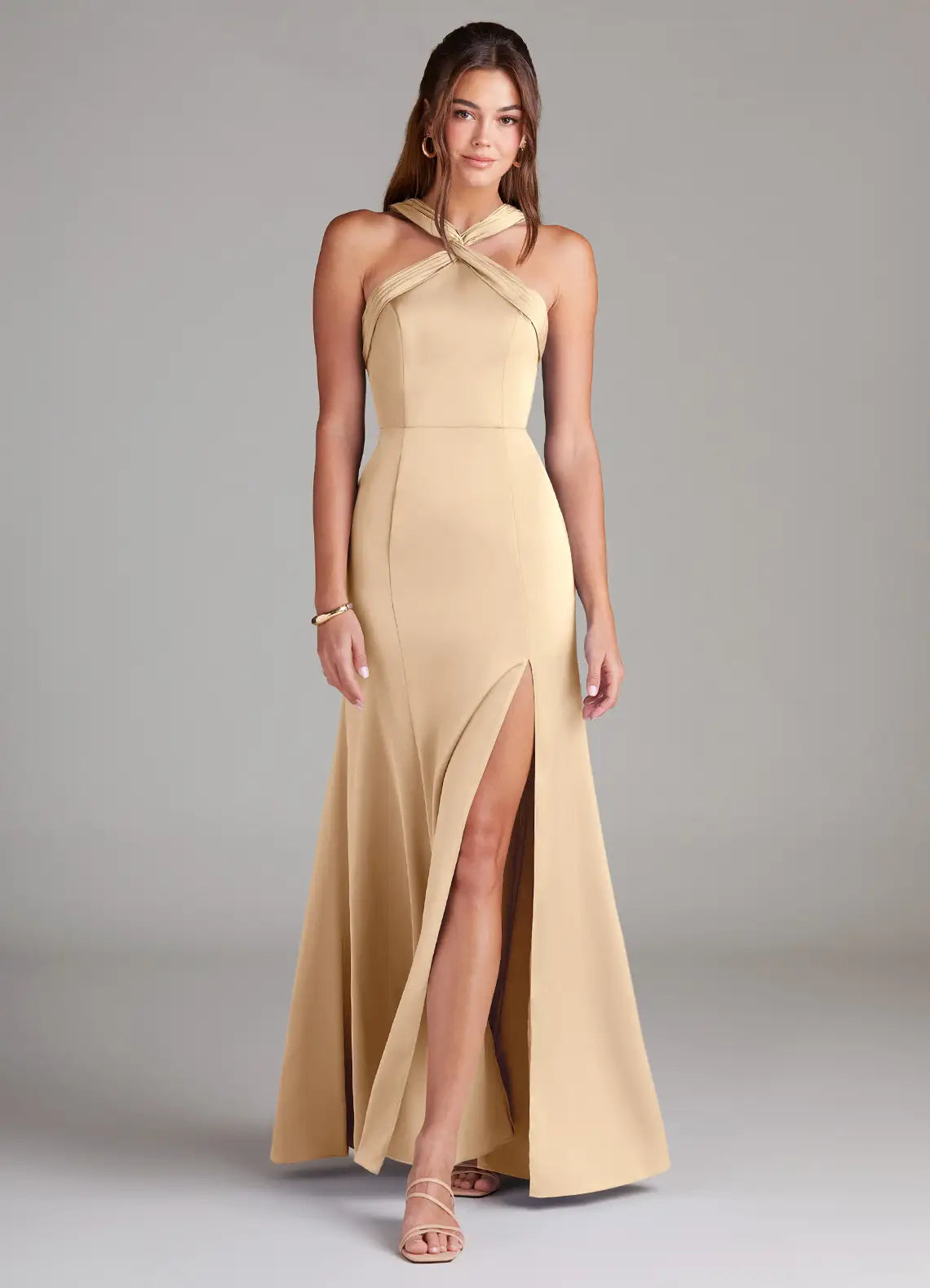 Champagne Cross Halter Open Back High Slit Mermaid Satin Maxi Bridesmaid Dress