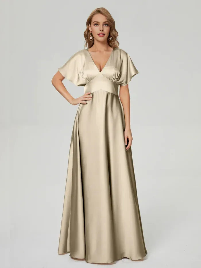 Champagne Deep V Flutter Short Sleeve Empire Waist Floor Length A Line Satin Bridesmaid Dress