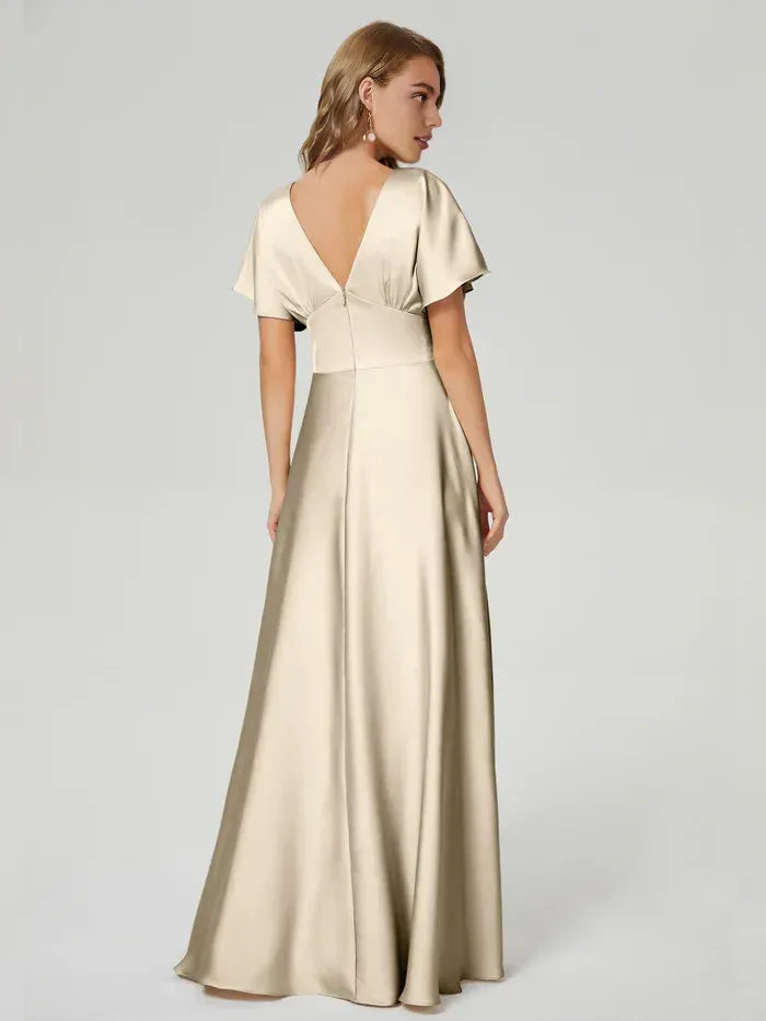 Champagne Deep V Flutter Short Sleeve Empire Waist Floor Length A Line Satin Bridesmaid Dress