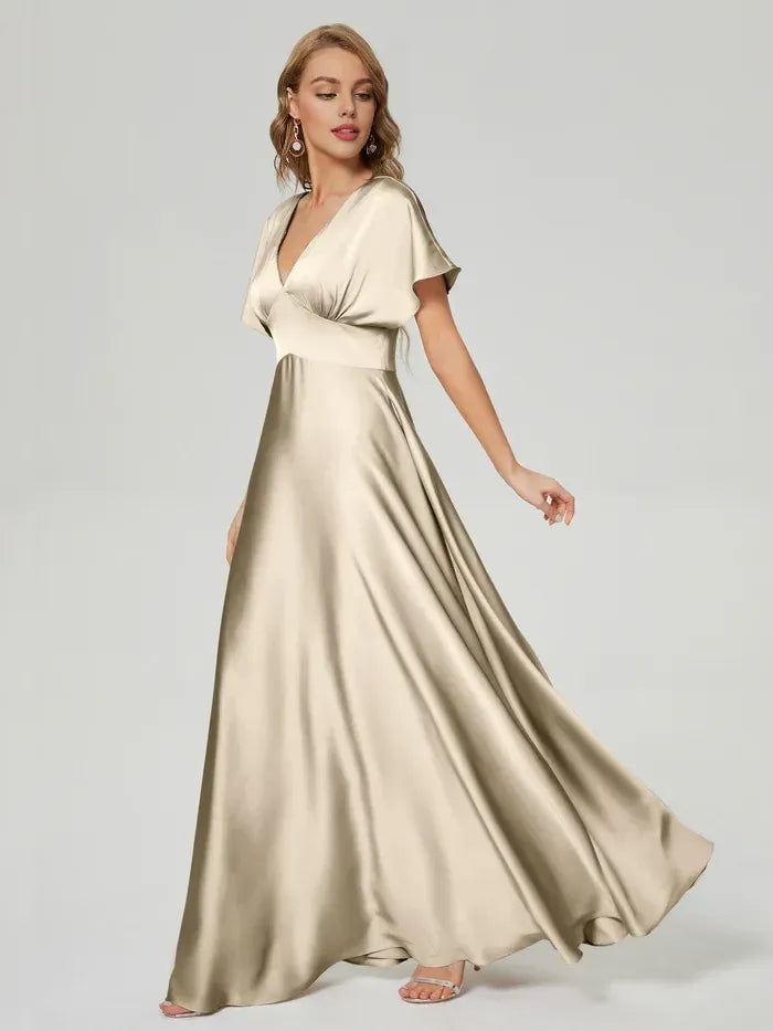 Champagne Deep V Flutter Short Sleeve Empire Waist Floor Length A Line Satin Bridesmaid Dress