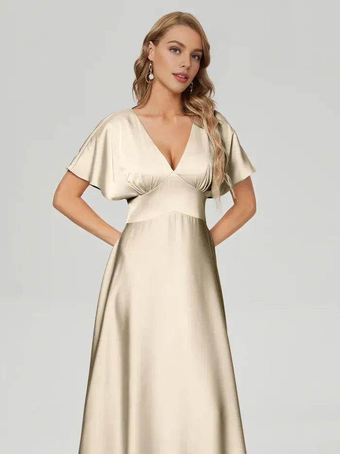 Champagne Deep V Flutter Short Sleeve Empire Waist Floor Length A Line Satin Bridesmaid Dress