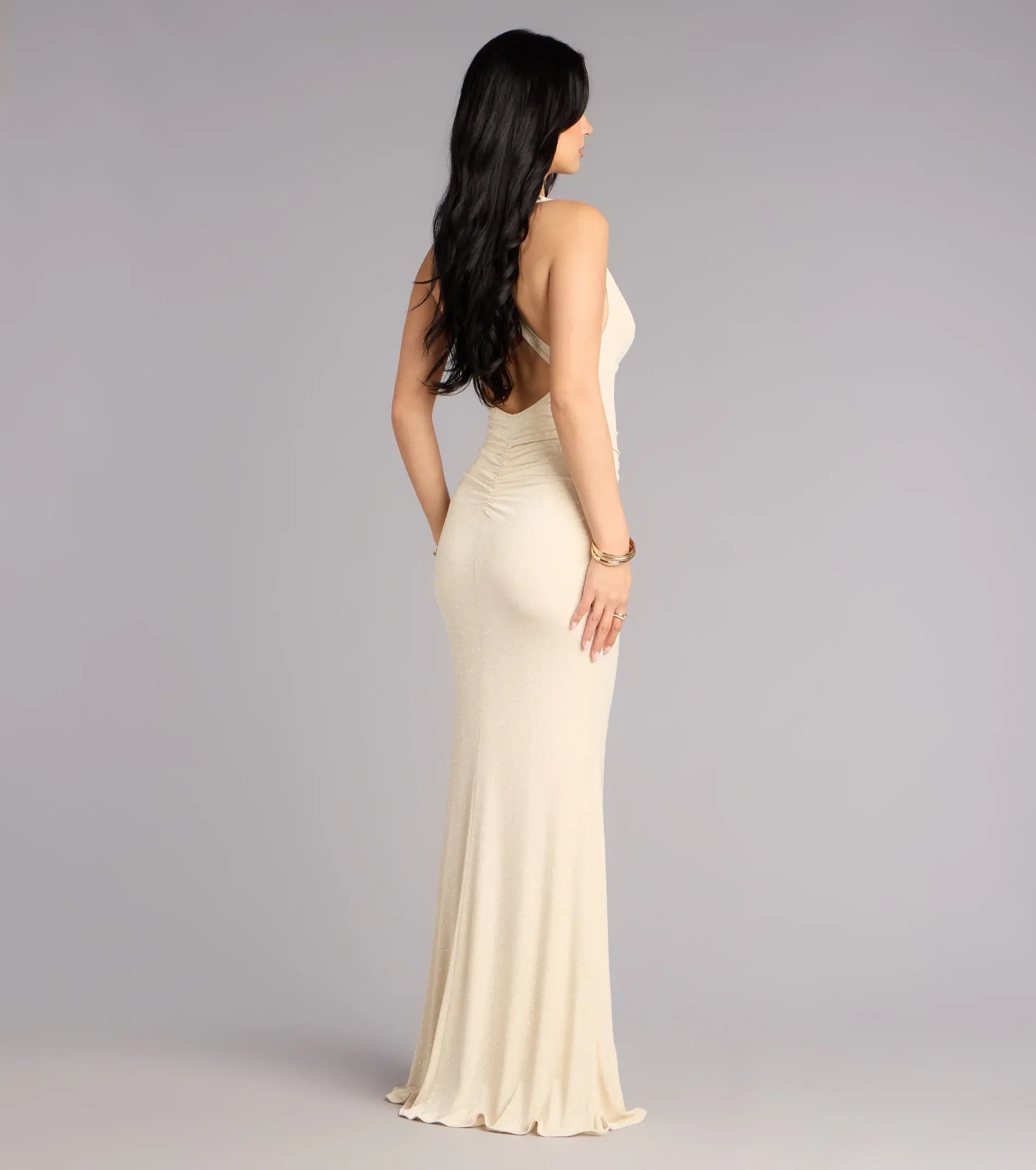 Champagne Deep V Halter Backless Ruched Glitter Mermaid Maxi Wedding Guest Dress
