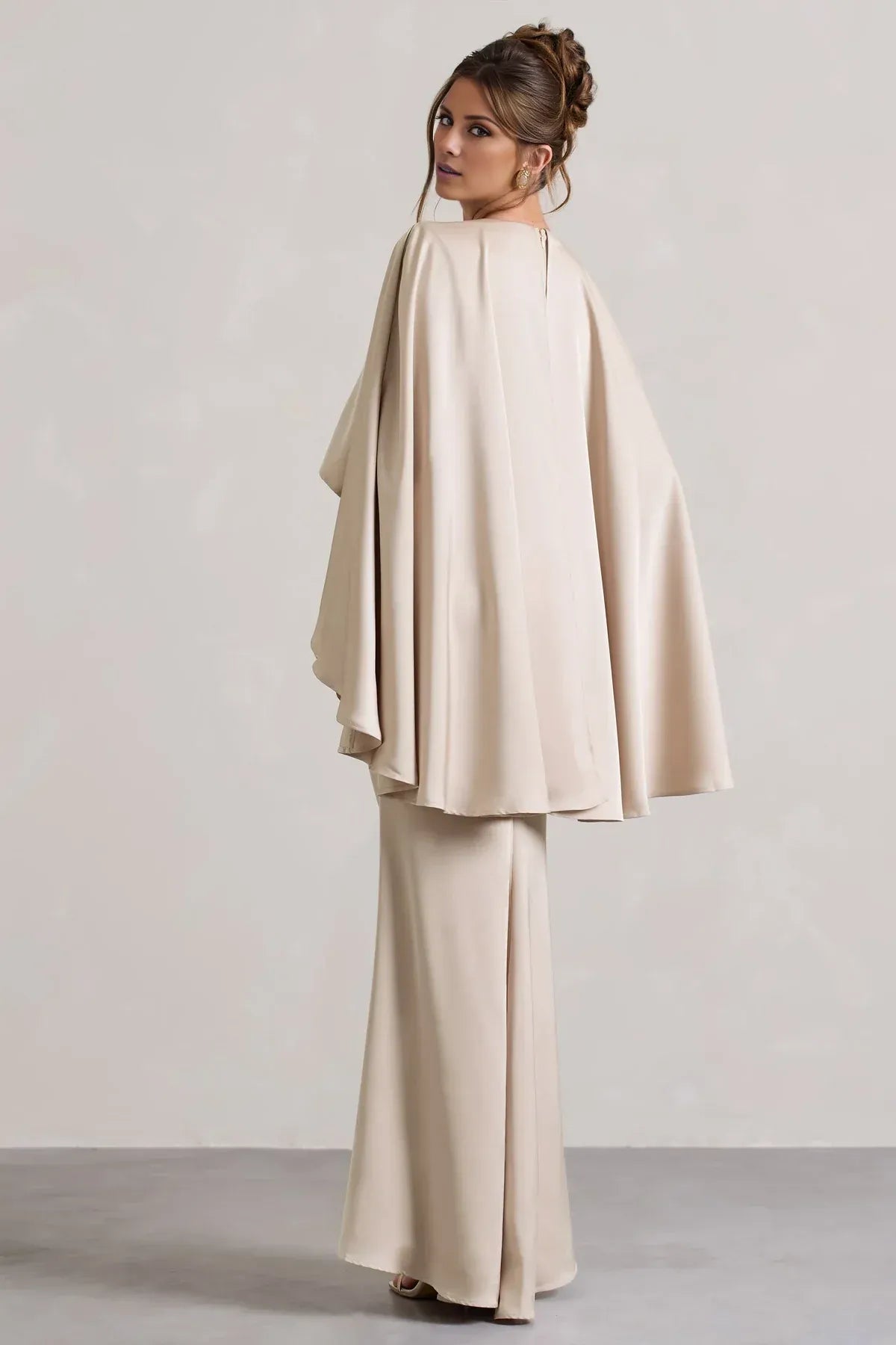 Champagne Floor-Length V-Neck Capelet Mermaid Wedding Guest Dress