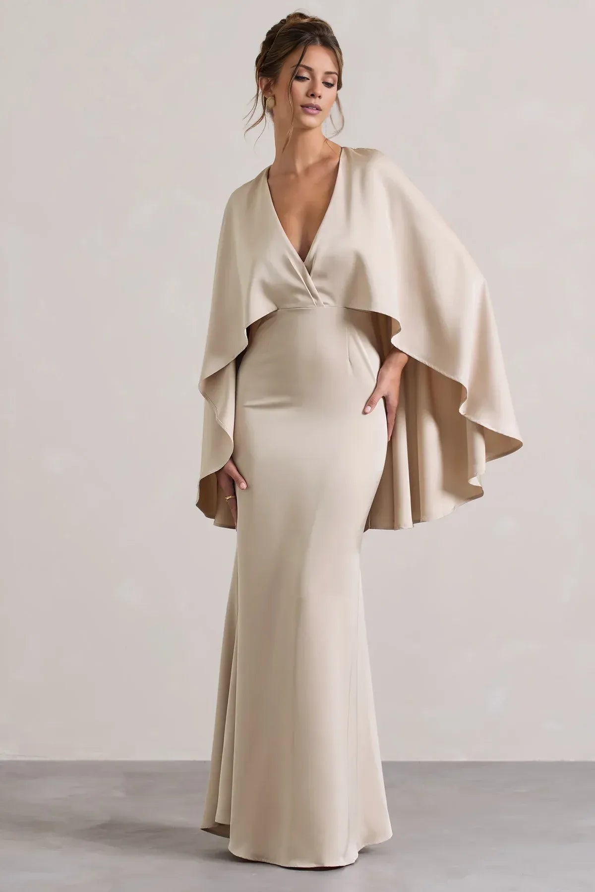 Champagne Floor-Length V-Neck Capelet Mermaid Wedding Guest Dress