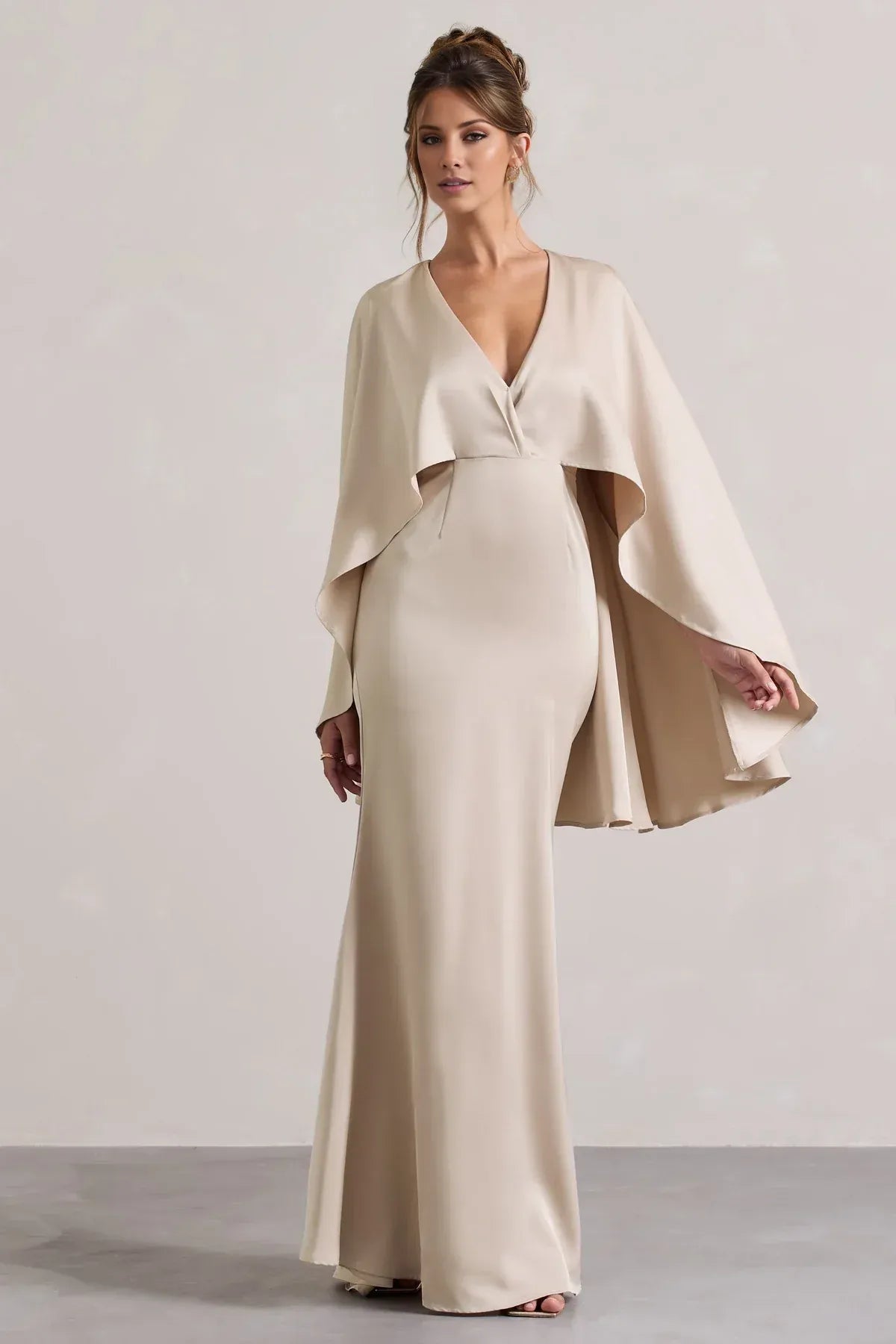 Champagne Floor-Length V-Neck Capelet Mermaid Wedding Guest Dress