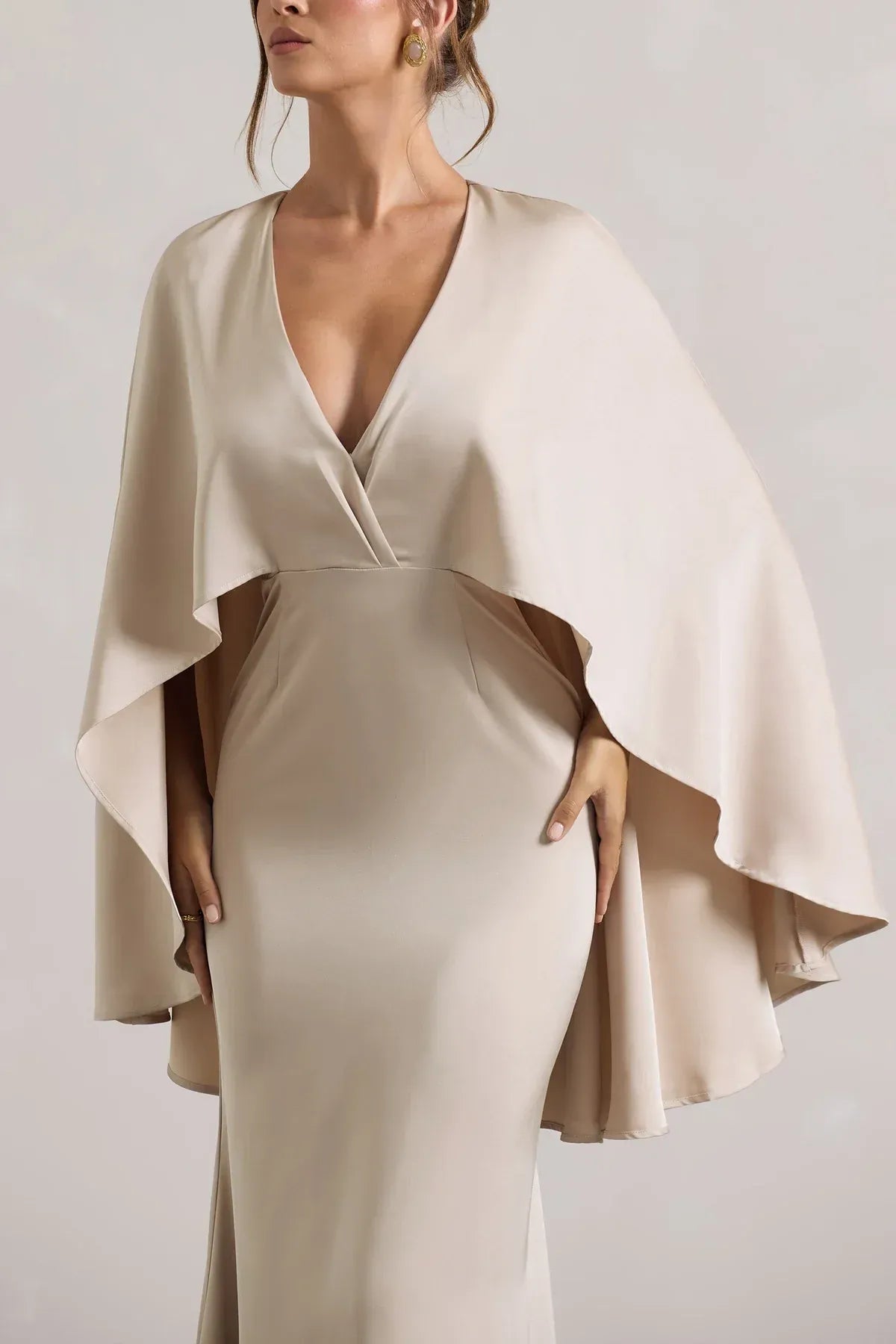 Champagne Floor-Length V-Neck Capelet Mermaid Wedding Guest Dress