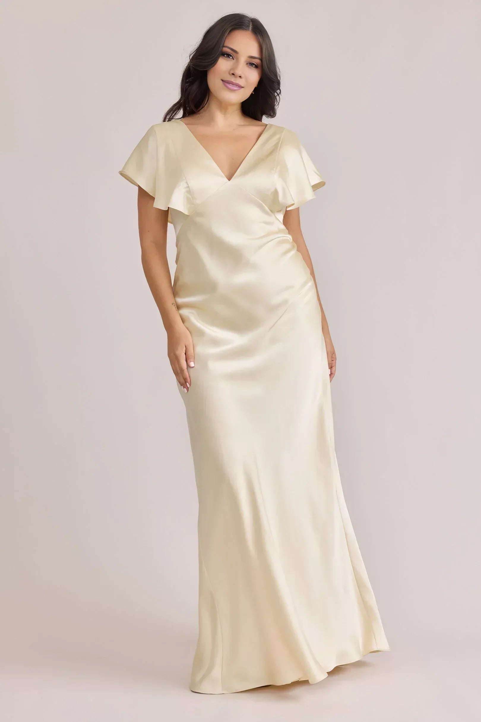 Champagne Flutter Sleeve Deep V Neck Back V Cut Floor Length Column Satin Bridesmaid Dress