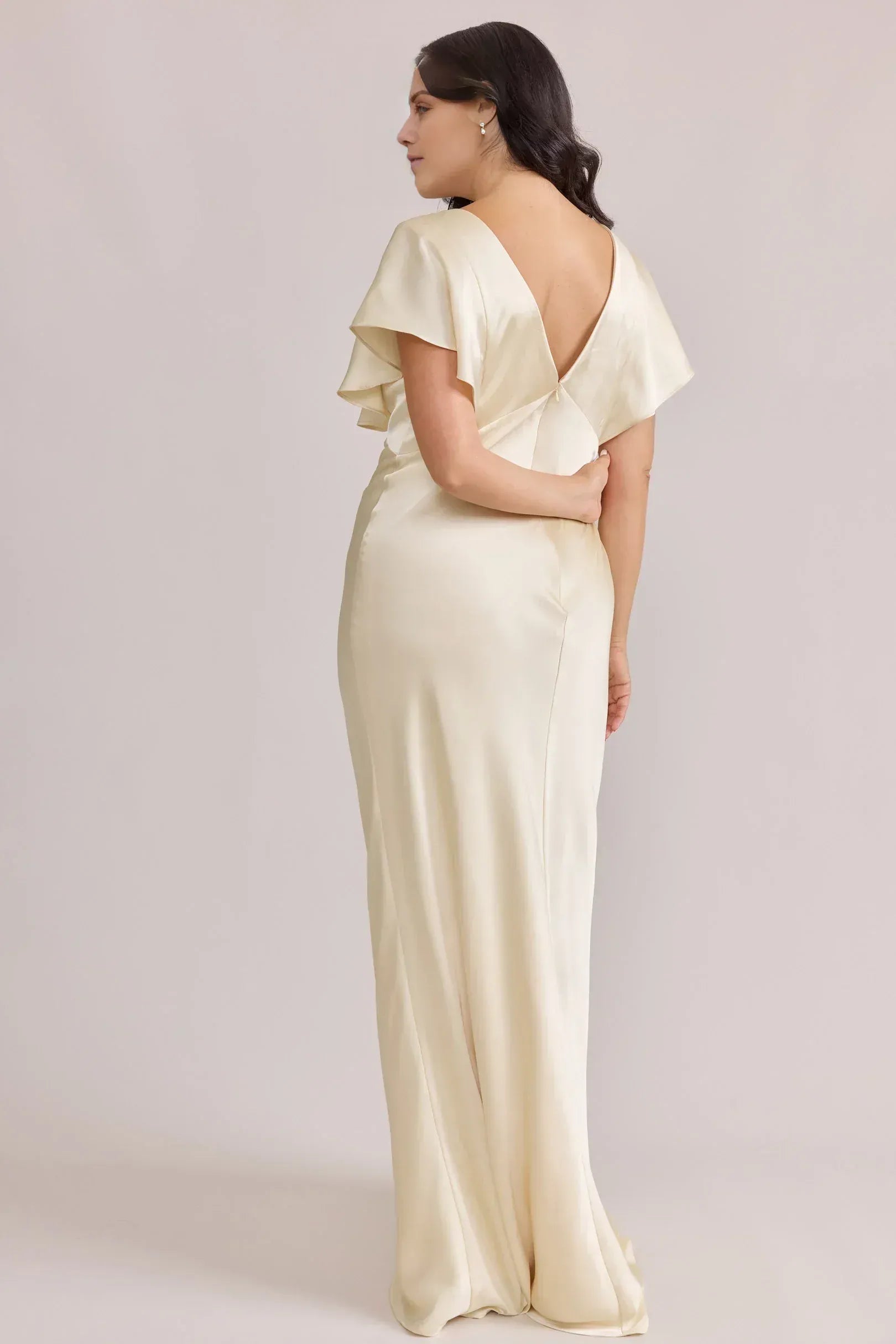 Champagne Flutter Sleeve Deep V Neck Back V Cut Floor Length Column Satin Bridesmaid Dress