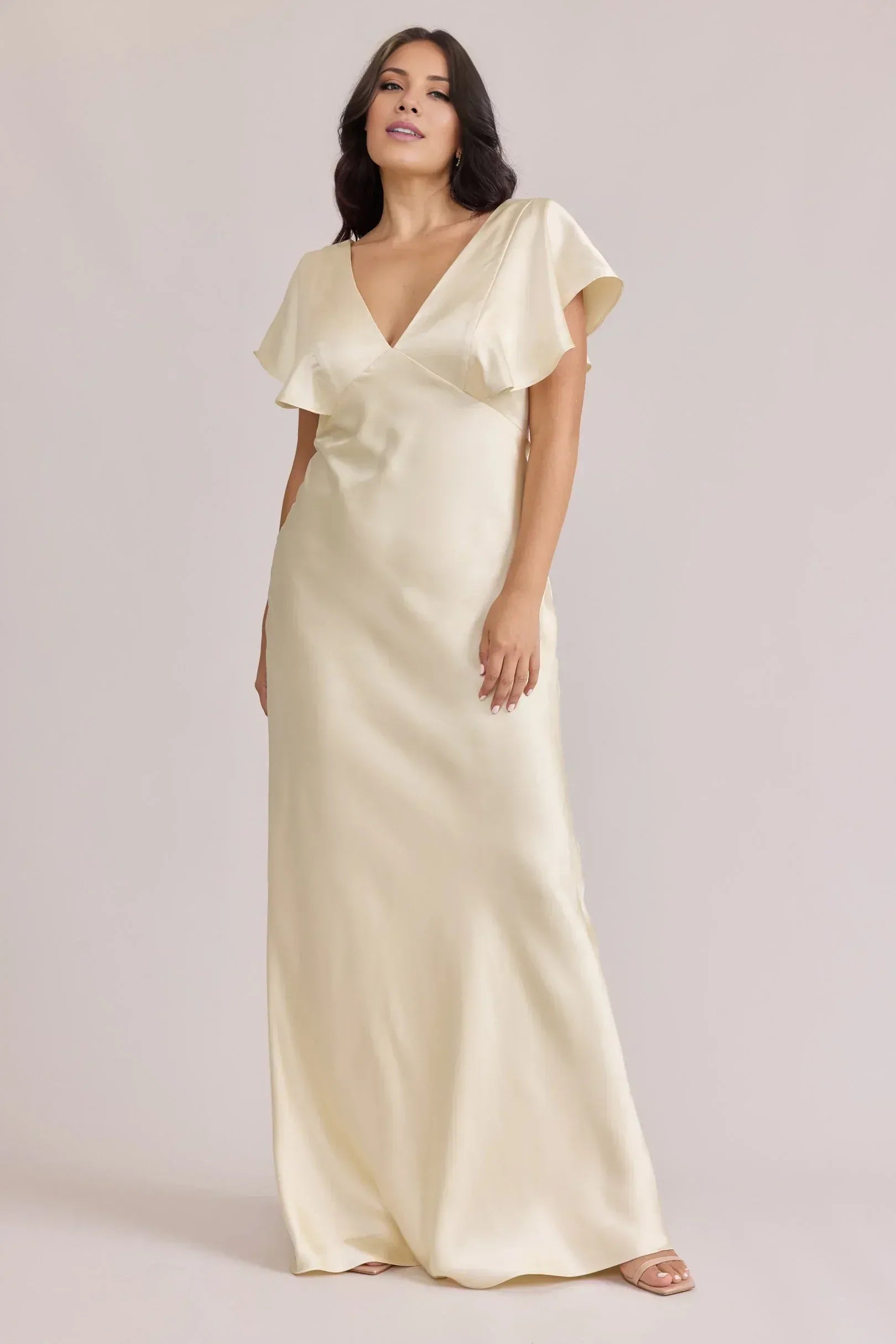 Champagne Flutter Sleeve Deep V Neck Back V Cut Floor Length Column Satin Bridesmaid Dress