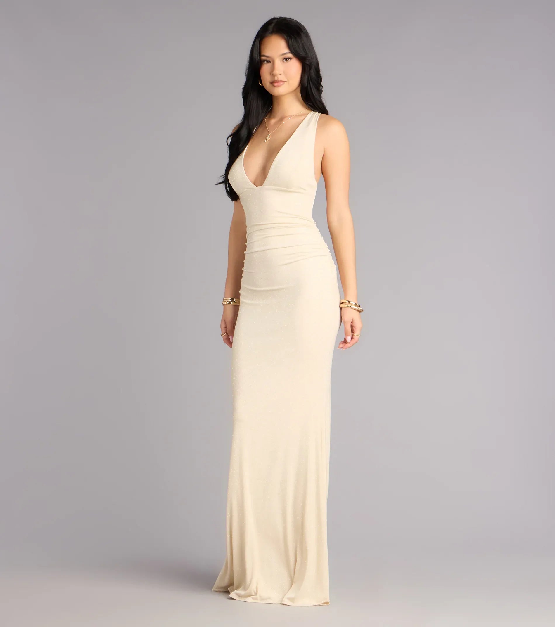 Champagne Halter Deep V Back Ruched Glitter Mermaid Maxi Wedding Guest Dress