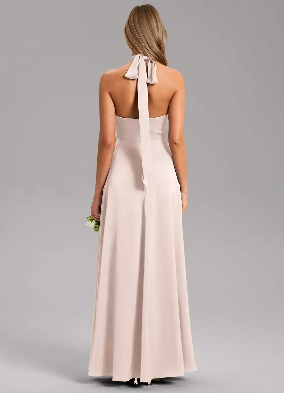 Champagne Halter Keyhole Tie Back High Slit Floor Length Column Satin Bridesmaid Dress