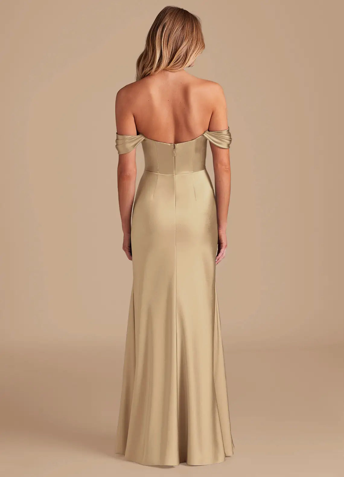 Champagne Off Shoulder Draped Bust High Slit Mermaid Maxi Satin Bridesmaid Dress