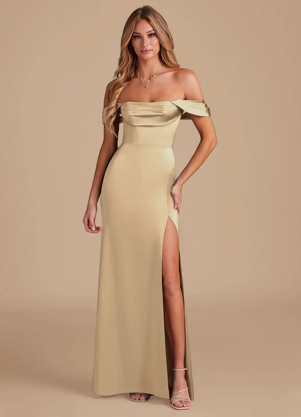 Champagne Off Shoulder Draped Bust High Slit Mermaid Maxi Satin Bridesmaid Dress
