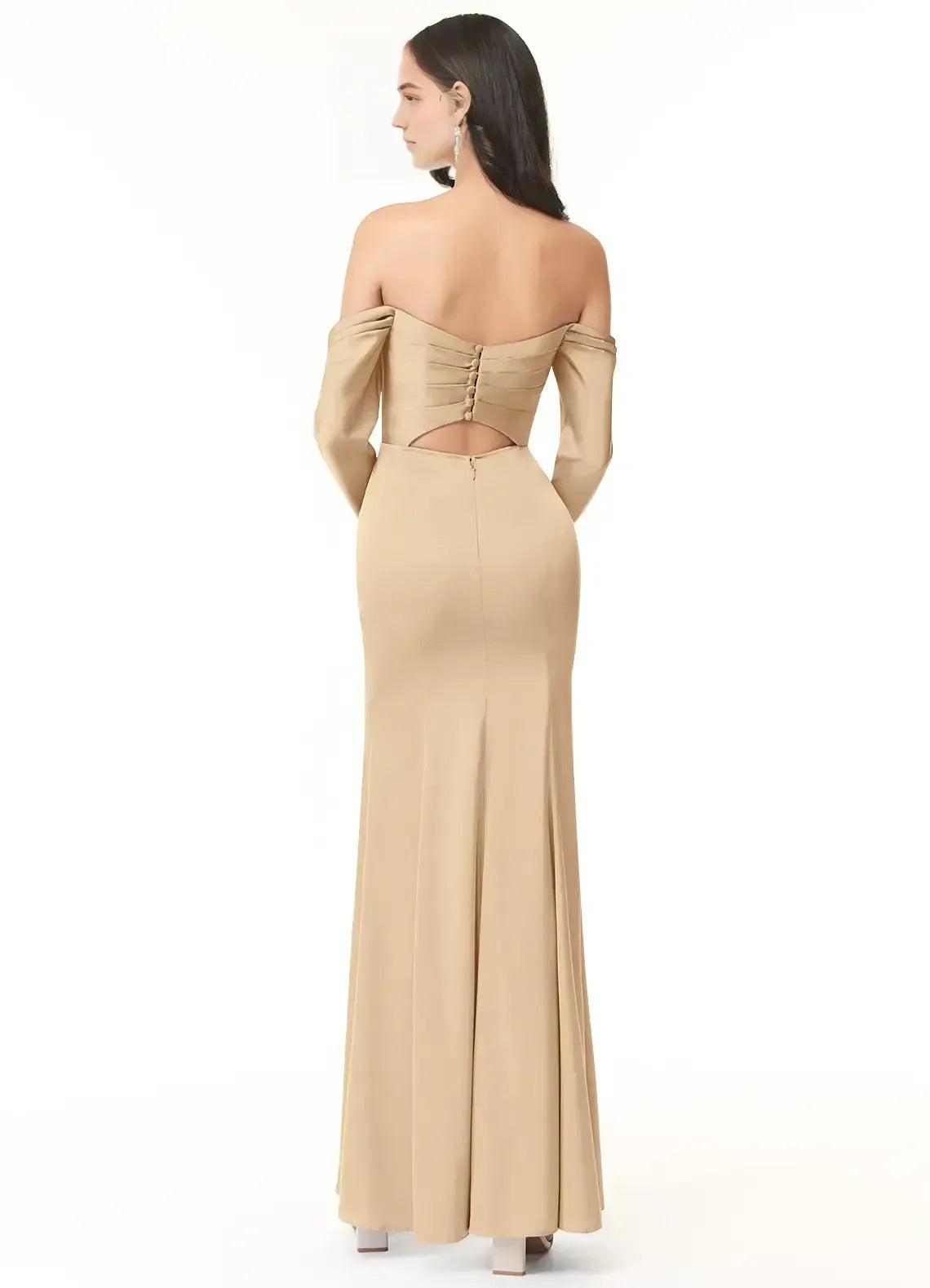 Champagne Off Shoulder Long Sleeve Ruched Back Cutout High Slit Floor Length Mermaid Satin Bridesmaid Dress