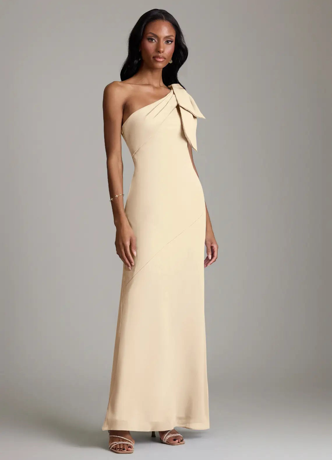 Champagne One Shoulder Big Bow Fitted Mermaid Maxi Satin Bridesmaid Dress