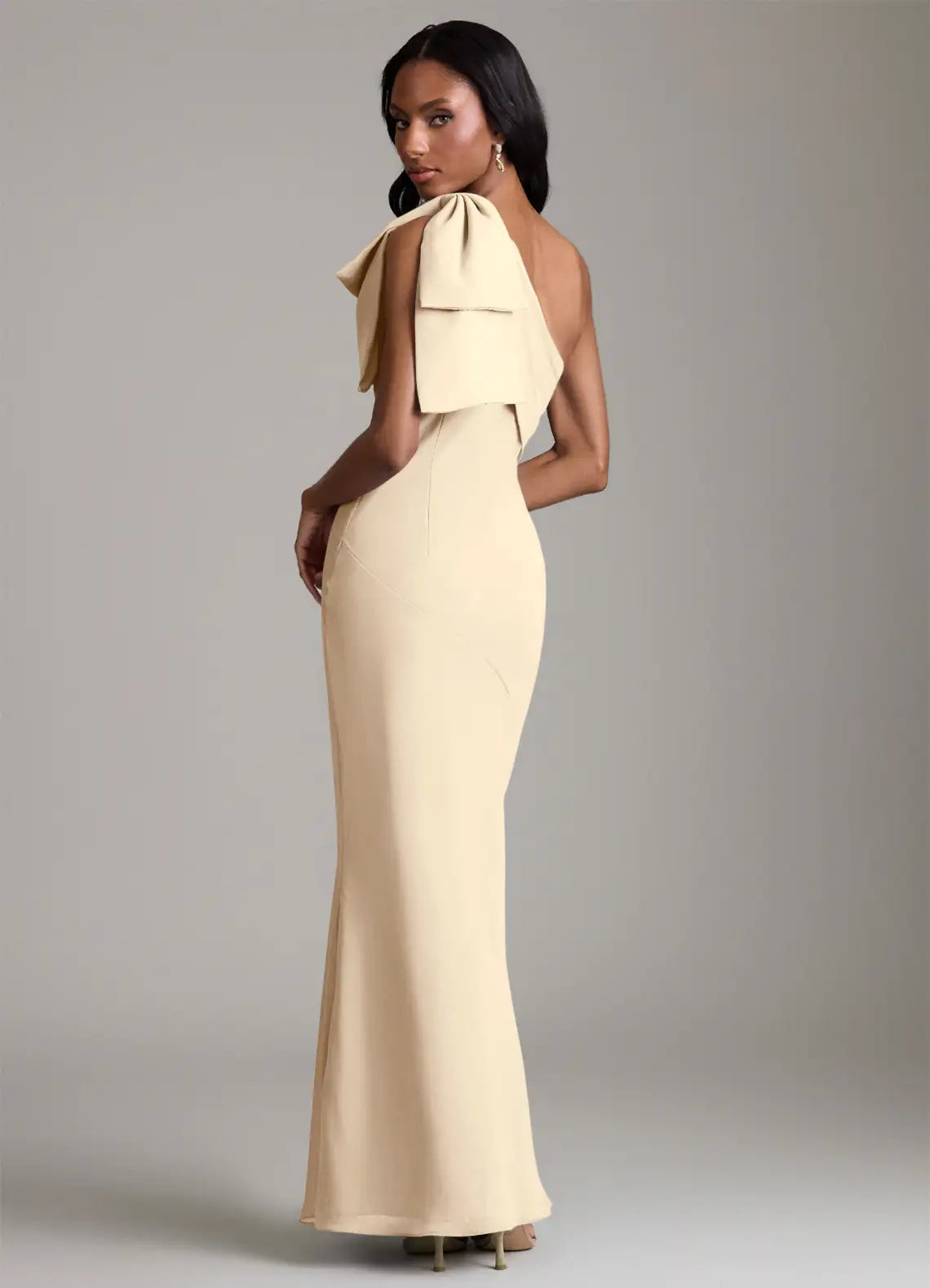 Champagne One Shoulder Big Bow Fitted Mermaid Maxi Satin Bridesmaid Dress