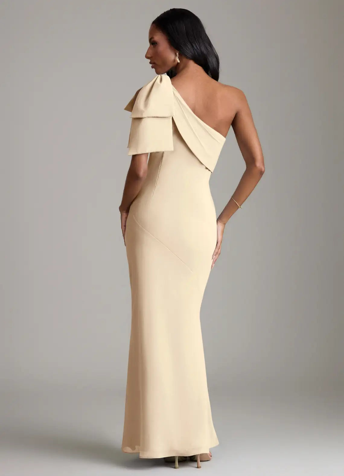 Champagne One Shoulder Big Bow Fitted Mermaid Maxi Satin Bridesmaid Dress
