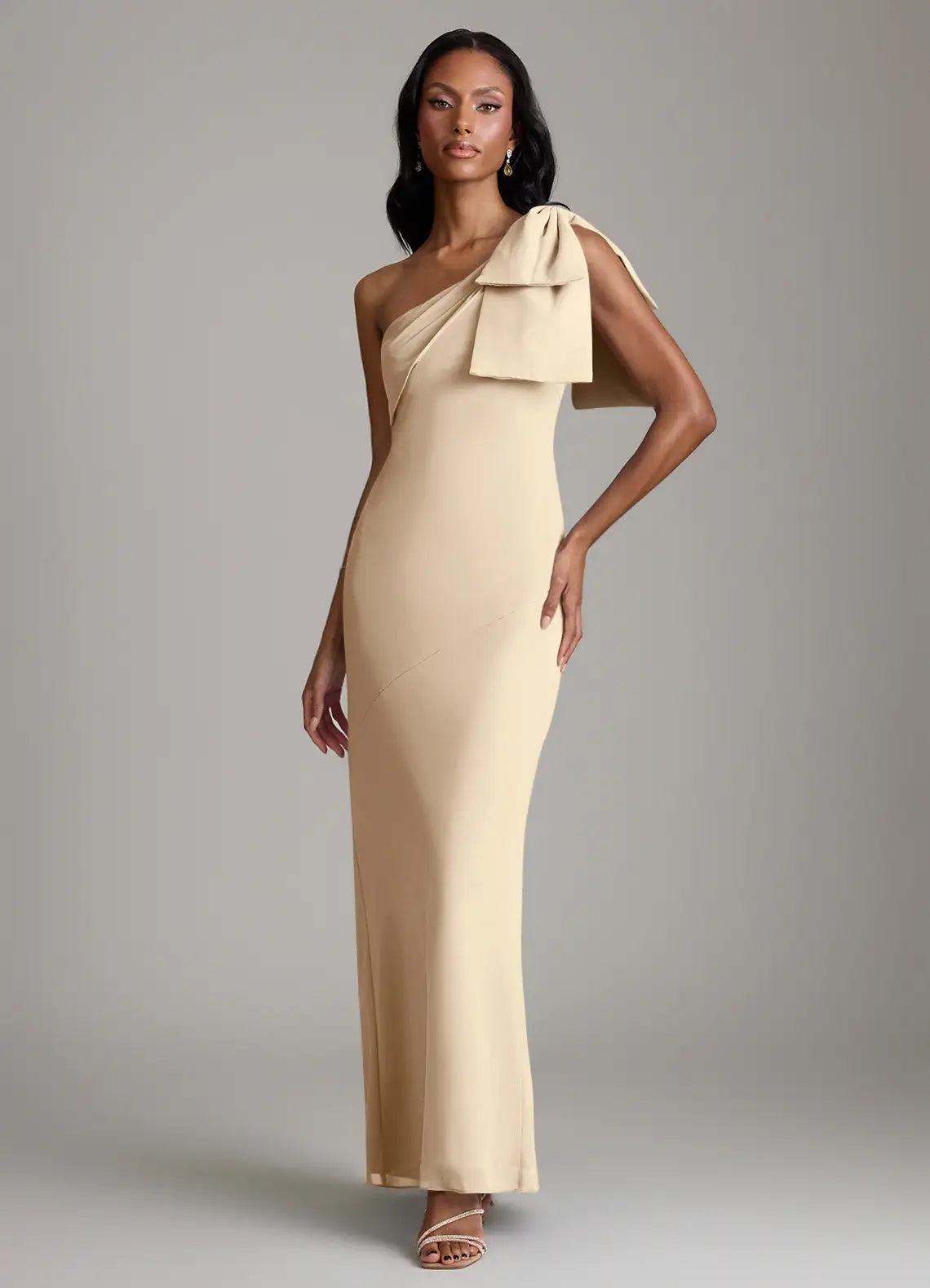 Champagne One Shoulder Big Bow Fitted Mermaid Maxi Satin Bridesmaid Dress