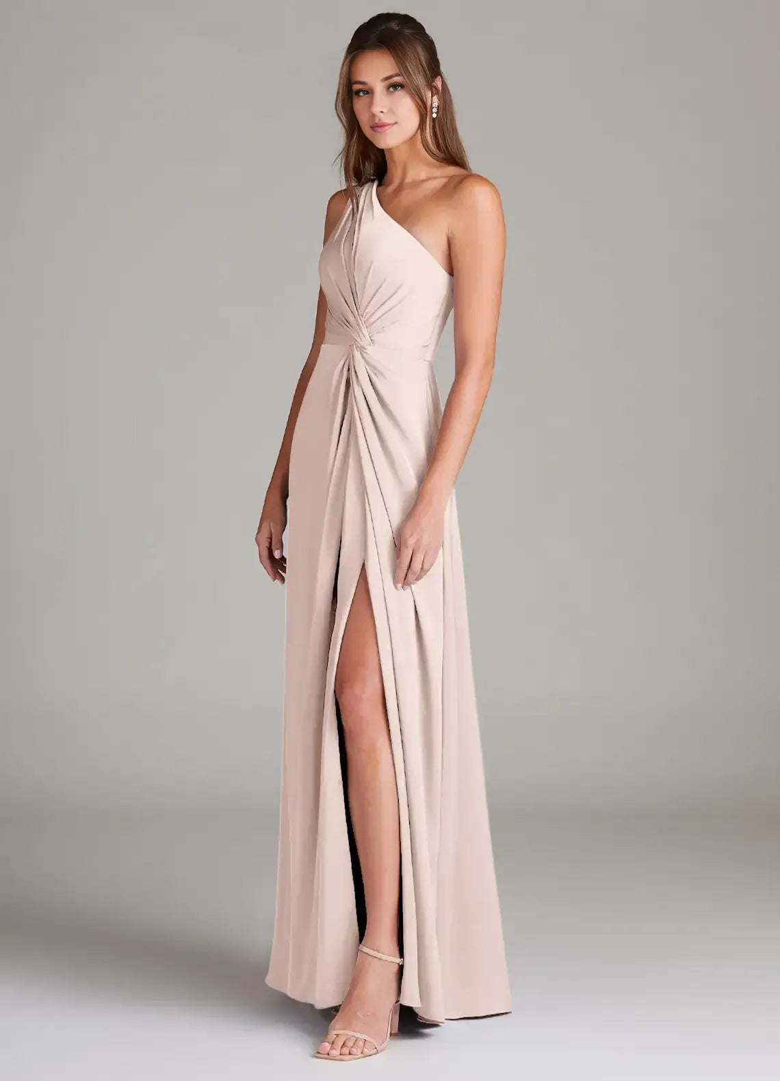 Champagne One Shoulder Twist Knot High Slit Floor Length Satin Bridesmaid Dress