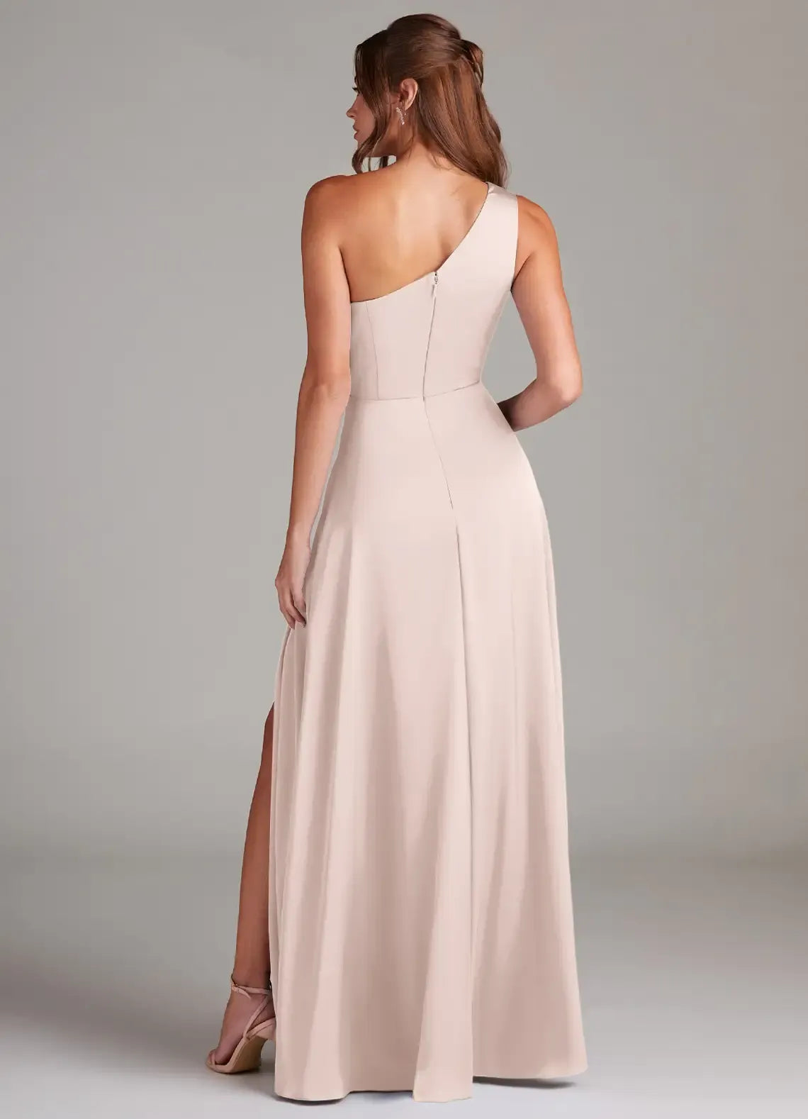 Champagne One Shoulder Twist Knot High Slit Floor Length Satin Bridesmaid Dress