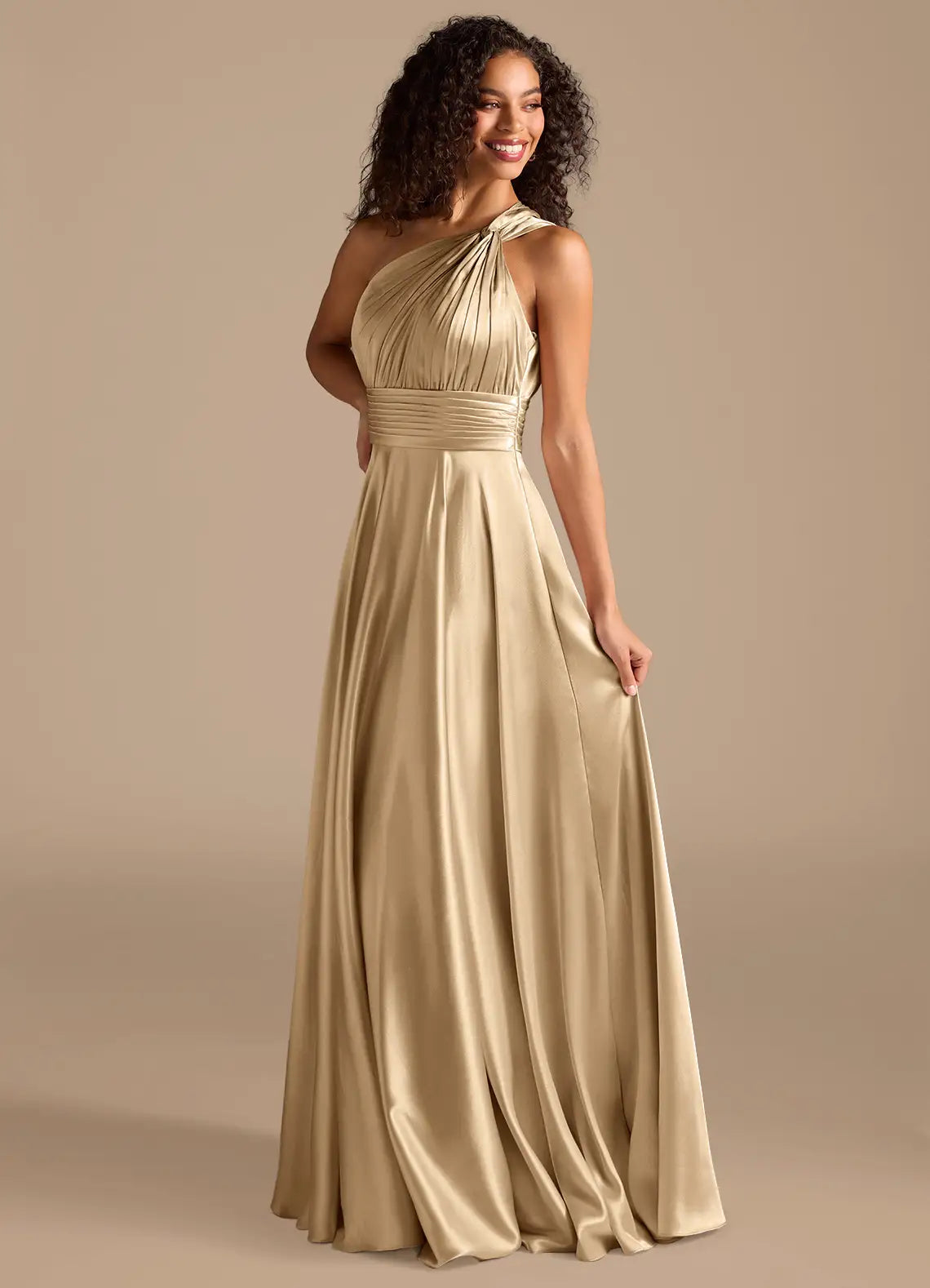 Champagne One Shoulder Twist Pleated Empire Waist Low Cutout Back A Line Maxi Satin Bridesmaid Dress