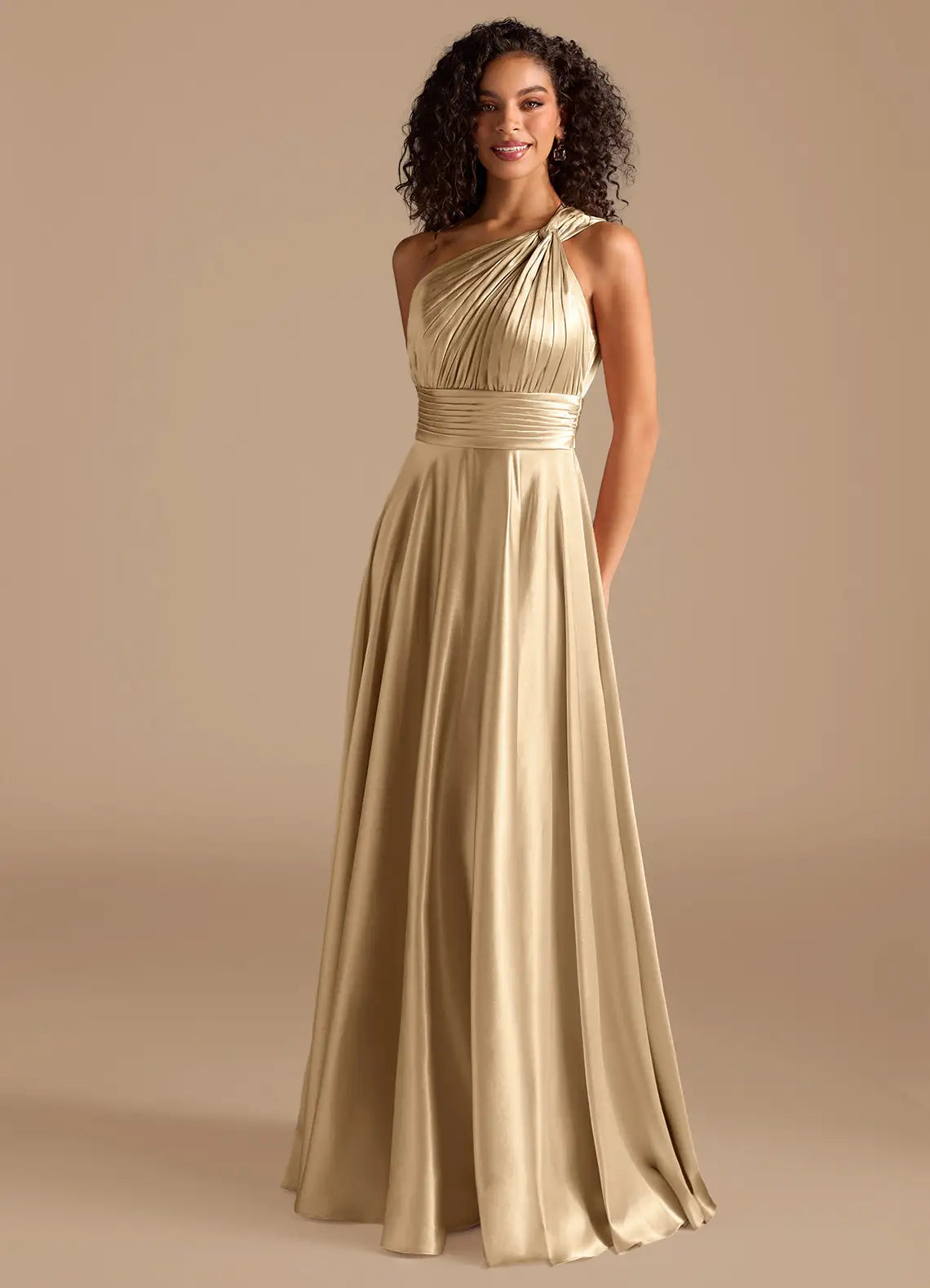 Champagne One Shoulder Twist Pleated Empire Waist Low Cutout Back A Line Maxi Satin Bridesmaid Dress