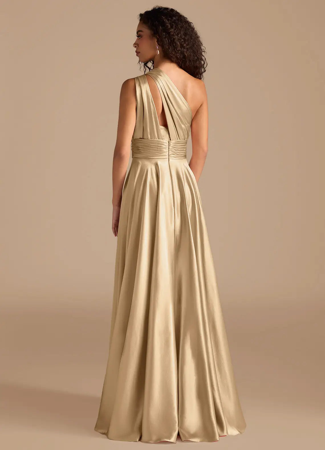 Champagne One Shoulder Twist Pleated Empire Waist Low Cutout Back A Line Maxi Satin Bridesmaid Dress