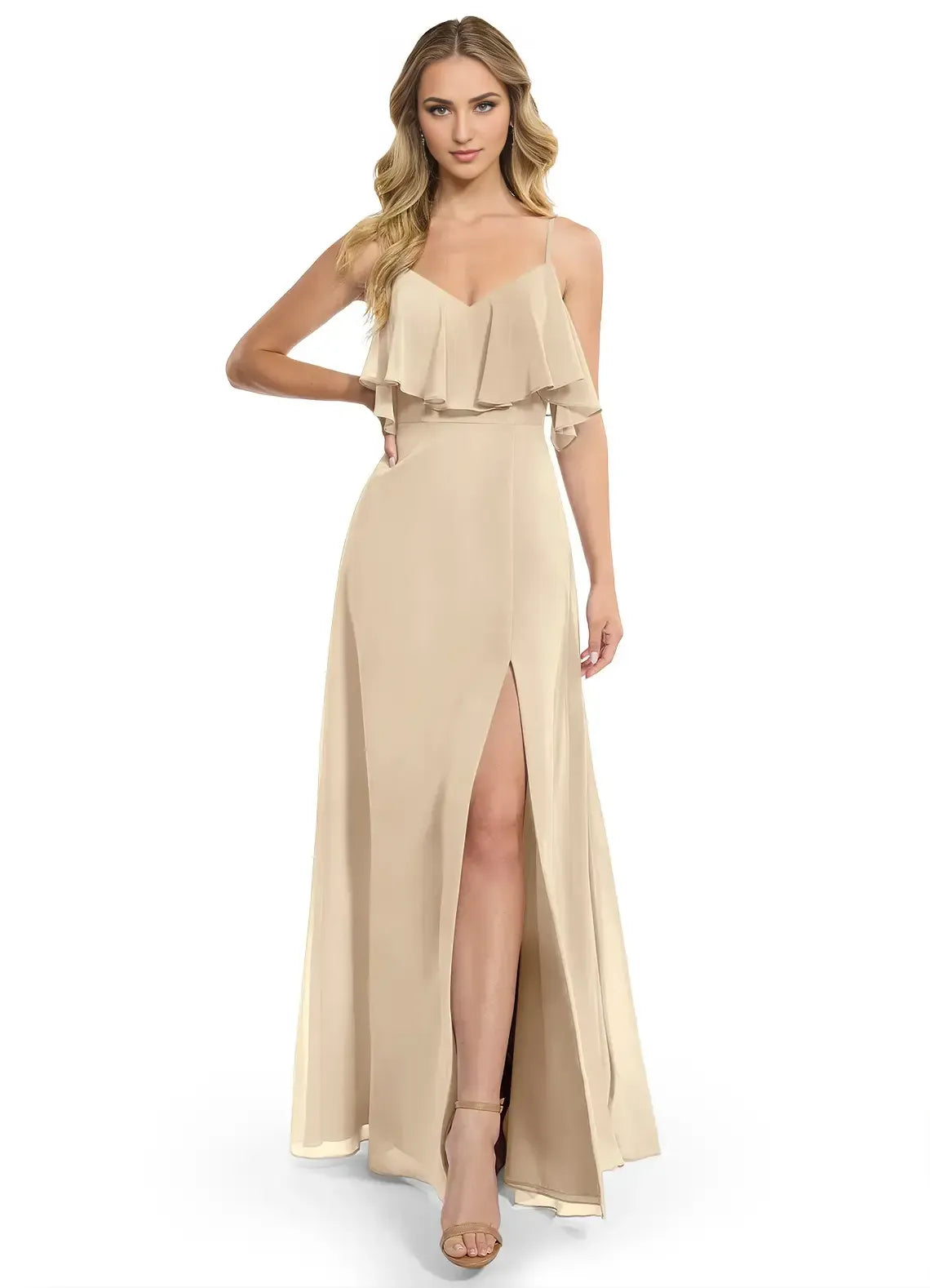 Champagne Ruffle Spaghetti Strap V Back High Slit Floor Length A Line Chiffon Bridesmaid Dress