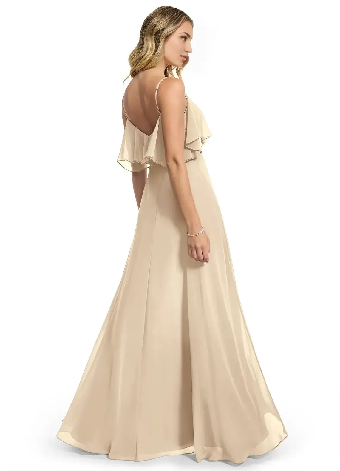 Champagne Ruffle Spaghetti Strap V Back High Slit Floor Length A Line Chiffon Bridesmaid Dress