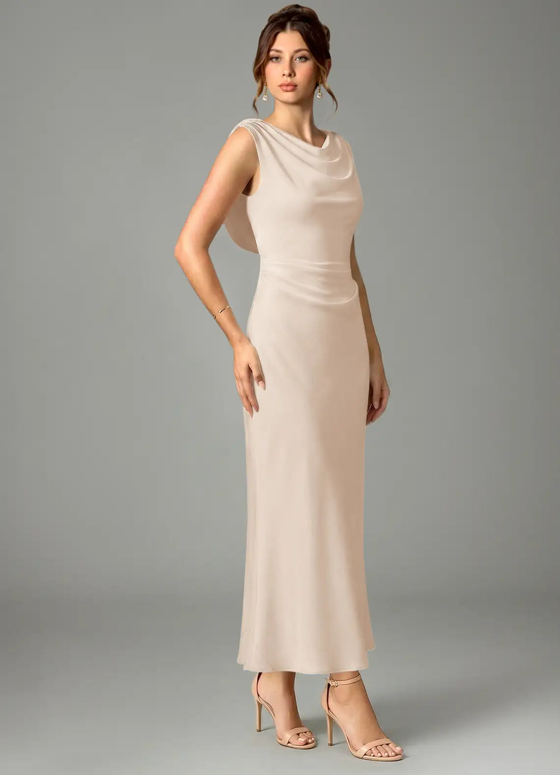 Champagne Sleeveless Cowl Neck Draped Low Back Midi Satin Bridesmaid Dress