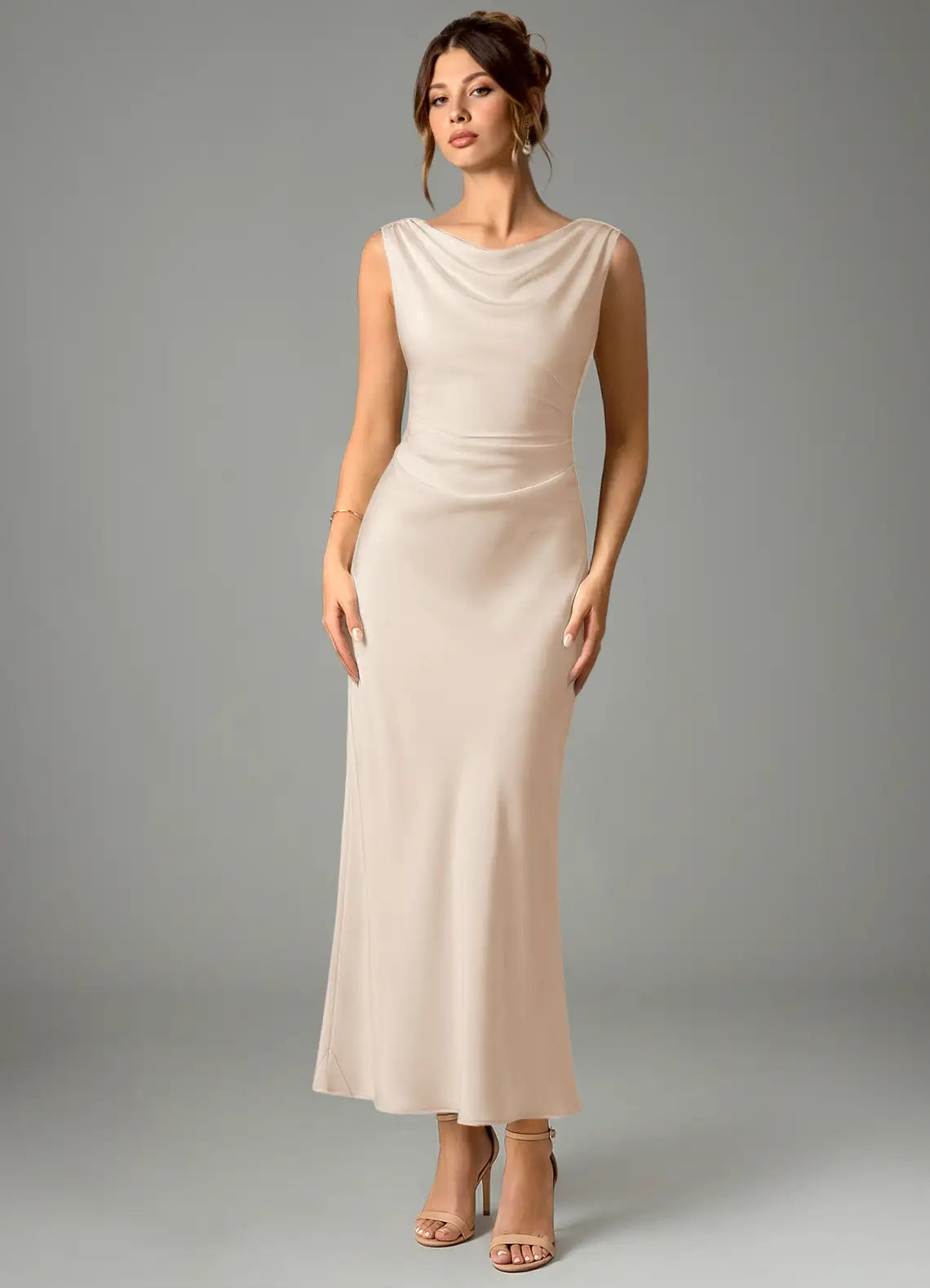 Champagne Sleeveless Cowl Neck Draped Low Back Midi Satin Bridesmaid Dress