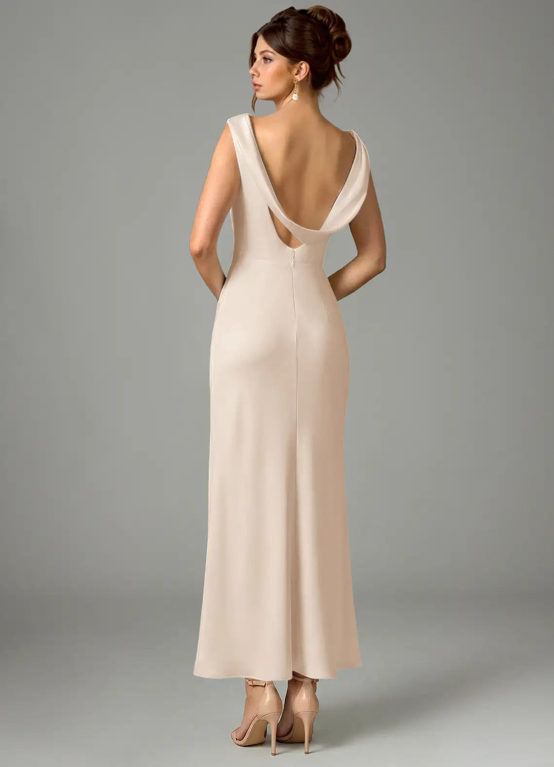 Champagne Sleeveless Cowl Neck Draped Low Back Midi Satin Bridesmaid Dress