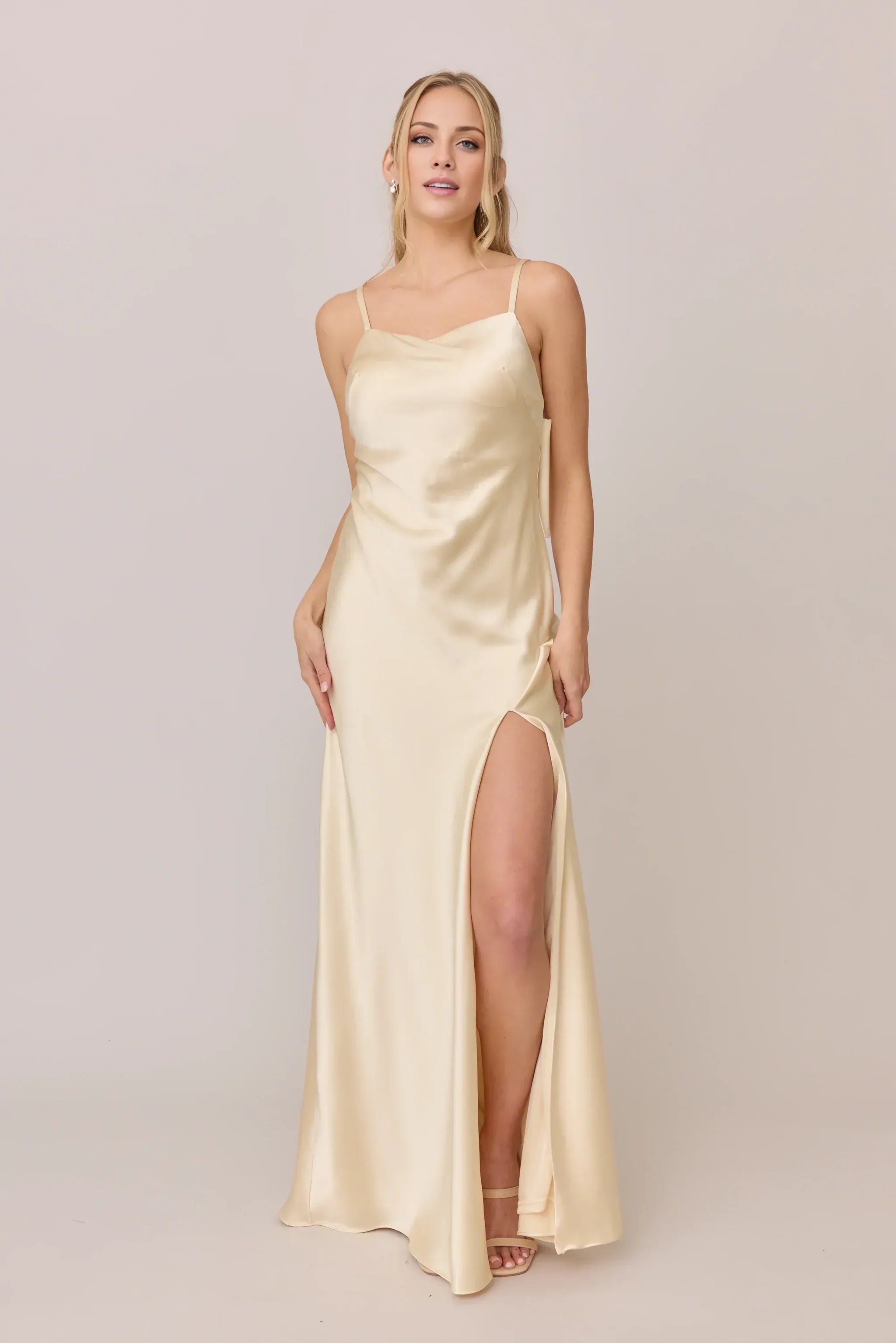 Champagne Spaghetti Strap Cowl Back Big Bow High Slit Floor Length A Line Satin Bridesmaid Dress