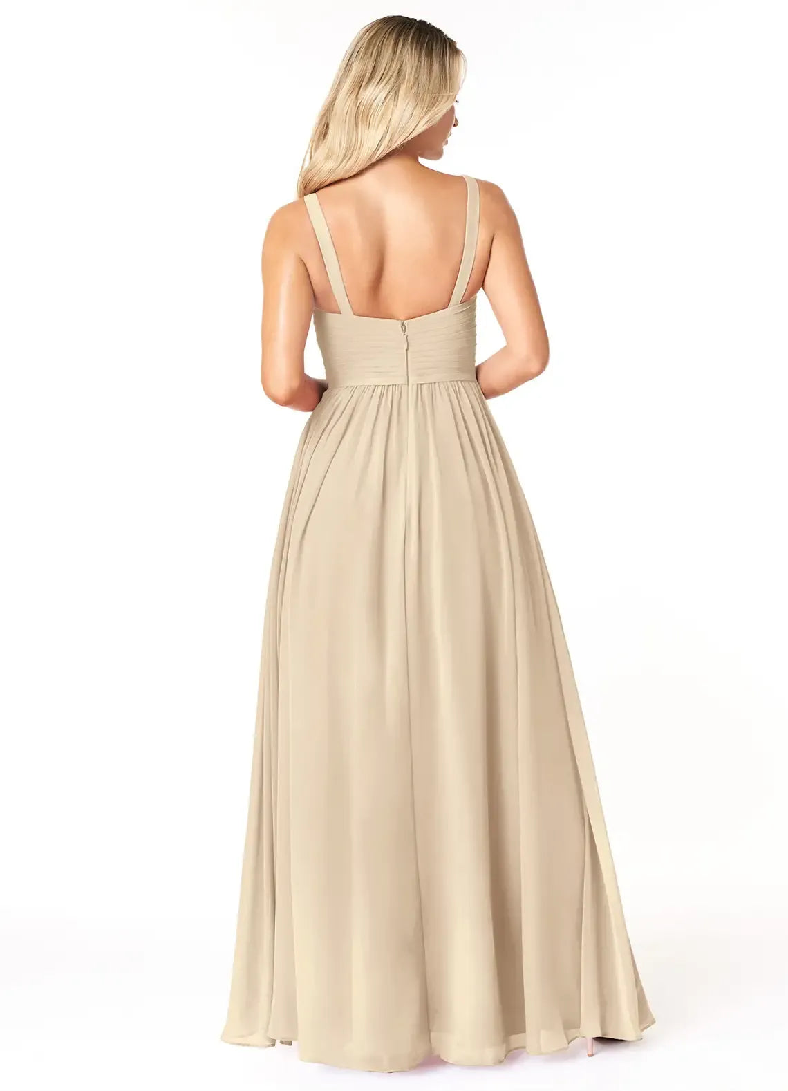 Champagne Spaghetti Strap Pleated V Neck High Slit Floor Length A Line Chiffon Bridesmaid Dress